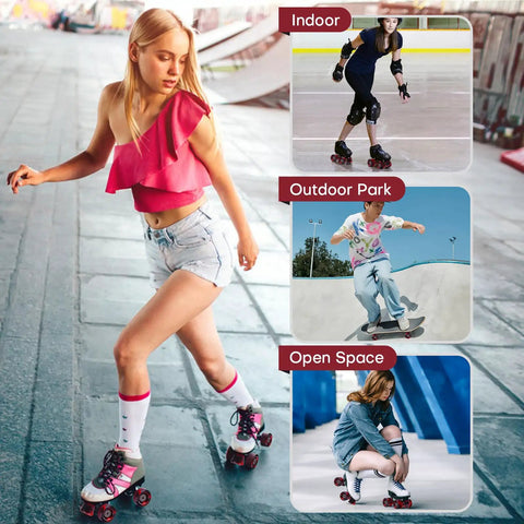 Woman skating on concrete in shorts and pink top, showcasing 8 Pack 32x58 Quad Roller Skate Wheels With Bearing Installed And 2 Toe Stoppers For Double Row Skating Replacement Accessories For Outdoor Or Indoor Use 82A Hardness Durable Wheels For Smooth Ride