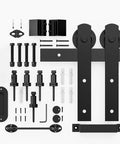 Sliding Barn Door Hardware Kit Six Point Six Foot Heavy Duty Rail System With Quiet Smooth Operation Easy Install Includes Door Hook And Two Handles For Doors One And Three Eighths To One And Three Quarters Inches Thick Black I Shape Hanger components shown.