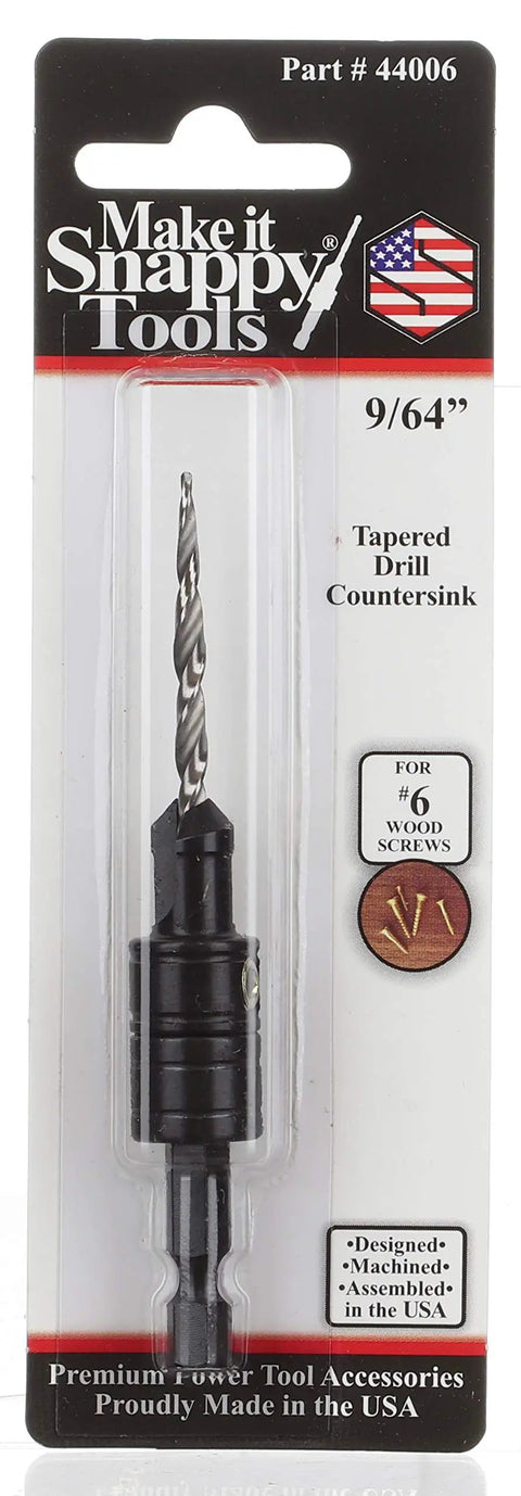 Rugged Hss Countersink Drill Bit Engineered For Six Wood Screws Delivers Slick 9/64 Inch Pilot Hole And Crisp 3/8 Inch 82 Degree Counterbore in packaging.