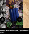 Three T7 Shield 1TB Portable External SSDs in rugged environments; IP65 rated, showcasing dust and water resistance.