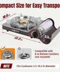 14,000 BTU Portable Butane Camping Stove With One Touch Piezo Ignition, Brass Burner, and Magnetic Safety Lock, side view.