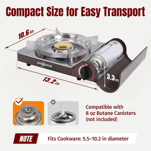 14,000 BTU Portable Butane Camping Stove With One Touch Piezo Ignition, Brass Burner, and Magnetic Safety Lock, side view.