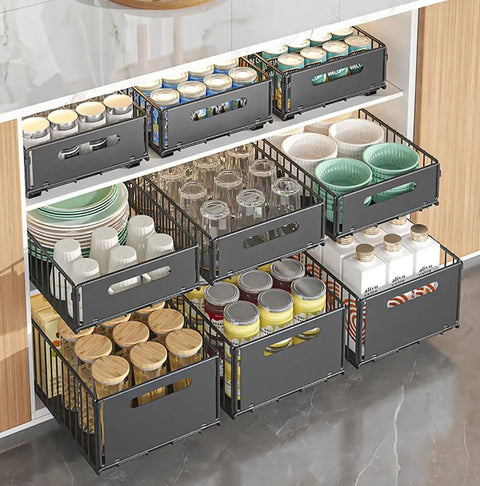 Heavy Duty Slide Out Cabinet Organizer Pair, Tough Carbon Steel Drawer Rack For Pantry Storage, Smooth Operator Kitchen Drawer Slides, Zero Hassle Two Pack Space Saver For Snug Cupboards And Cabinets