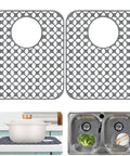 Heat Resistant Silicone Sink Mats for Kitchen, Two Pack 13.8 by 11.4 Inches, Raised Feet Design Elevates Mats shown in sink