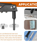 110-Piece Aluminum Blind Rivets 3 Sixteenth Inch By 1 Inch With Steel Mandrel And Aluminum Grip Built Tough For Auto, Marine And DIY Projects, Corrosion And Acid Resistant Pop Rivets That Go In Smooth And Stay Strong shown in application use with rivet tool.