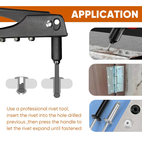 110-Piece Aluminum Blind Rivets 3 Sixteenth Inch By 1 Inch With Steel Mandrel And Aluminum Grip Built Tough For Auto, Marine And DIY Projects, Corrosion And Acid Resistant Pop Rivets That Go In Smooth And Stay Strong shown in application use with rivet tool.