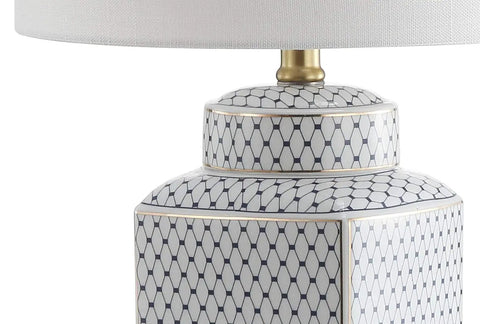 Close-up of 21.5 inch white and navy ceramic ginger jar LED table lamp with fishnet chinoiserie pattern and brass gold base