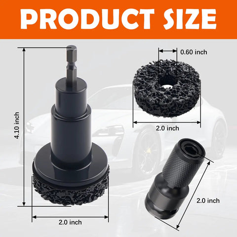 9 Piece Wheel Hub Cleaning Tool Kit With Polishing Pads For Power Drill And Half Inch Impact Wrench shown with product dimensions.