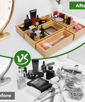 Game Changing Bamboo Drawer Organizer Set Featuring Adjustable Dividers To Keep Vanity Makeup Kitchen Cutlery Office Essentials And Crafting Gear Neatly Sorted in use for makeup organization.