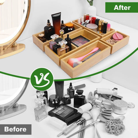 Game Changing Bamboo Drawer Organizer Set Featuring Adjustable Dividers To Keep Vanity Makeup Kitchen Cutlery Office Essentials And Crafting Gear Neatly Sorted in use for makeup organization.