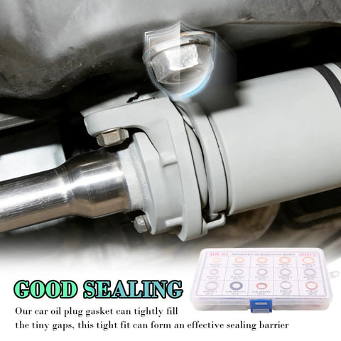 Closeup of 105Piece Car Oil Drain Plug Gasket Set With M10 To M20 Crush Washers 15 Specifications in use on car part.
