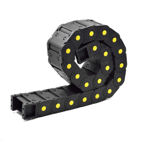 Heavy Duty Nylon Cable Drag Chain 30 X 57 Mm Closed Energy Carrier With End Connectors For Cnc Routers in a coiled position.