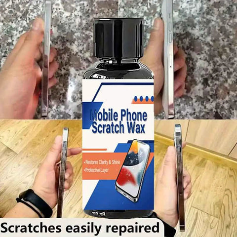 Bottle of mobile phone scratch wax with before and after phone images, labeled for restoring clarity and protection.