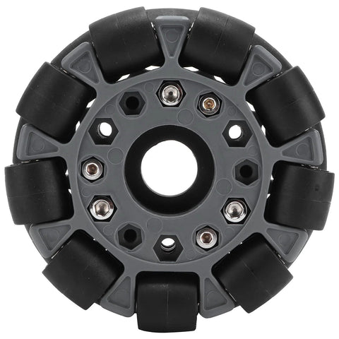 Omnidirectional wheel with eight black nylon rubber rollers on a gray hub, 100mm