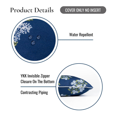 Close-up of Coastal Lumbar Pillow Cover 12x20 Inches Water Repellent Outdoor Indoor Navy Blue Hydrangea Print Durable Polyester