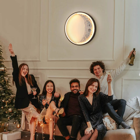 Moonlit Outdoor Wall Light 15.8 Inch Round Modern LED Exterior Waterproof Sconce on living room wall during celebration