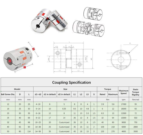 Top Shelf C5 Ground Precision Ball Screw 16mm SFU1605 2200mm With Ball Nut BK BF12 End Supports Plus Flex Coupler coupling specifications and design details.