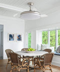 Smooth Operator 42 Inch Retractable Ceiling Fan With Super Quiet Dc Motor and heavy duty build, in living room setting.