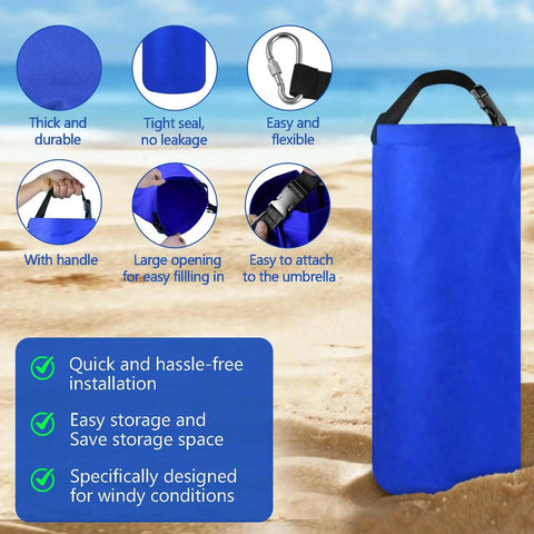 Two Pack 10L Beach Umbrella Sand Bags With 50x18 Cm Fillable Anchors Heavy Duty 600D Oxford 10-15 Kg Load Capacity, blue bag features