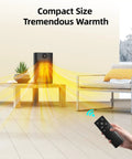 Indoor 1500W PTC Ceramic Space Heater With Remote LED Display heating a living room with couch and plants