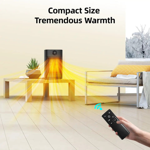 Indoor 1500W PTC Ceramic Space Heater With Remote LED Display heating a living room with couch and plants