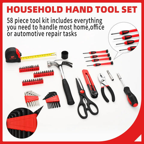58 Piece Home Repair Tool Kit For Quick Fixes And Everyday Projects, red basic hand tools with storage case shown
