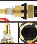 Engine coolant temperature sensor, brass body with white seal and black mounting flange (side view)
Engine coolant temperature sensor tip, brass with white seal and threading (close-up)
Sensor connector end, black housing with gold contacts (connector view)