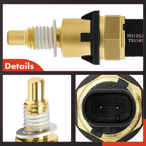 Engine coolant temperature sensor, brass body with white seal and black mounting flange (side view)
Engine coolant temperature sensor tip, brass with white seal and threading (close-up)
Sensor connector end, black housing with gold contacts (connector view)