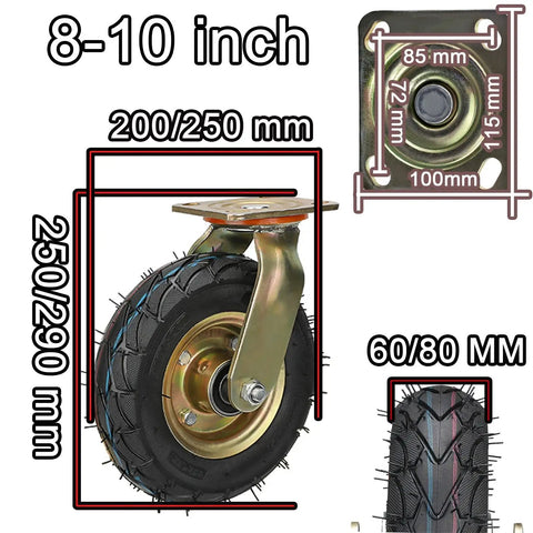 Heavy Duty Pneumatic Swivel Caster Set With Side Brake And Shock Absorbing Wheels For Industrial Toolboxes, 8-10 inch size.