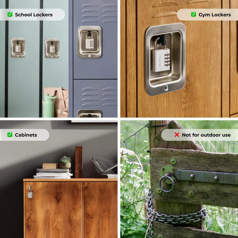 Set Your Own Combination Padlock 643D 1 Pack Indoor Locker and Cabinet Lock Silver Durable Steel Security for School Gym Office and Home Storage Ideal For Lockers Cabinets and Home Storage Needs No Brainer. Image shows padlocks used on school lockers, gym lockers, office cabinets, and not recommended for outdoor use on gates.
