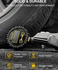 Digital Tire Inflator With Pressure Gauge Pro Grade Heavy Duty Air Compressor Kit 200 PSI with tire and gauge close-up