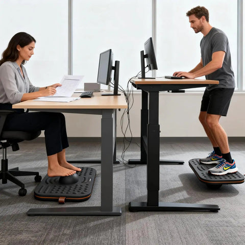 Balance Board For Standing Desk, 2-In-1 Dual-Sided Stability Trainer And Anti-Fatigue Mat in use at a modern office setup