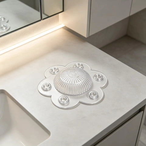 2 Pack Hair Catcher Drain Cover - 5" Dome Shaped Soft PVC with 6 suction cups on a bathroom counter.