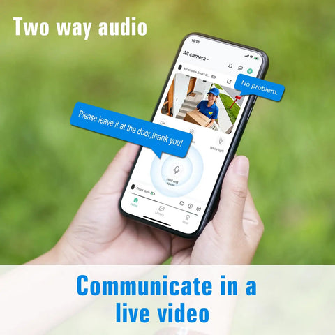 Hands holding phone with live video of Wireless Outdoor Security Cam System With 2K HD Color Night Vision, AI Motion Detection.