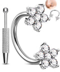 Flower Push Pin 20G Horseshoe Nose Ring Hoop All In One Piercing Set With Taper Ball Grabber Tool 316L Surgical Steel CZ