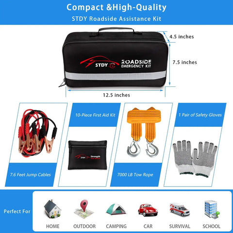 Beefed Up Roadside Emergency Kit For Cars And Trucks with jumper cables, tow rope, and compact bag, 12.5 inches black case