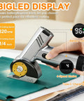 Get Your Hands On This Ridiculously Smooth Rroetxi Cordless Electric Cutter, Perfect For Cutting Cardboard, Fabric, And Leather With Ease - close-up display of the cordless cutter showing battery indicator and speed settings.