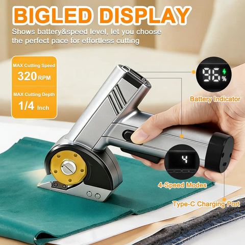 Get Your Hands On This Ridiculously Smooth Rroetxi Cordless Electric Cutter, Perfect For Cutting Cardboard, Fabric, And Leather With Ease - close-up display of the cordless cutter showing battery indicator and speed settings.