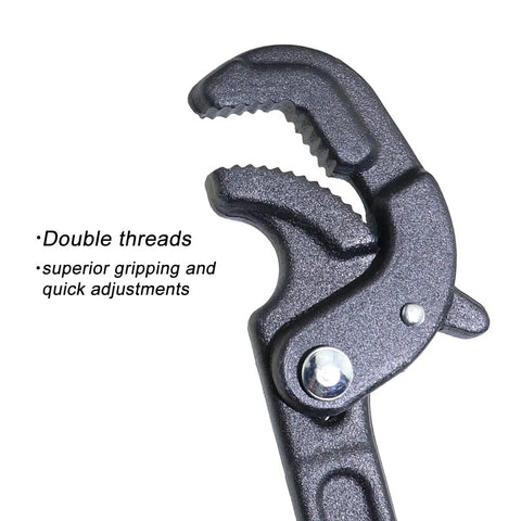 Close-up of quick multi function self adjusting wrench showing dual threads and grip, part of a two pack adjustable wrench set.
