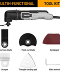 Hardcore 2.5 Amp Oscillating Multi Tool Corded Electric Workhorse With Sick 3000 To 22000 RPM Output Six Variable Speeds And An Ergonomic Soft Grip Handle For Smashing Wood Metal And Drywall Projects with various attachments and blades.