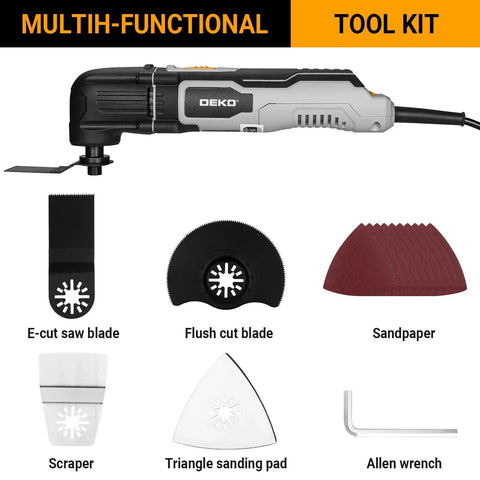 Hardcore 2.5 Amp Oscillating Multi Tool Corded Electric Workhorse With Sick 3000 To 22000 RPM Output Six Variable Speeds And An Ergonomic Soft Grip Handle For Smashing Wood Metal And Drywall Projects with various attachments and blades.