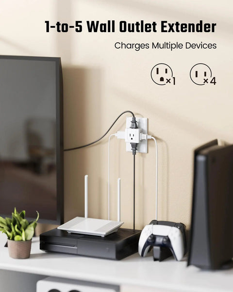 Five Way Wall Outlet Extender With 90 Degree Angled Side Plugs in use, powering a router and gaming console in home setup.