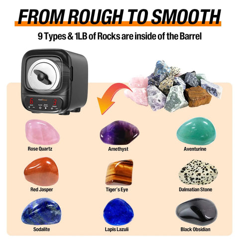 Pro Max Rock Tumbler Kit With 3Lb Capacity, Brushless Motor beside various polished gemstone samples