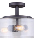 Nash 3 Bulb Semi Flush Light With Seeded Glass In Oil Rubbed Bronze Finish displaying lit bulbs and modern rustic design.