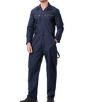 Men's Long Sleeve Navy Poly Cotton Work Coveralls Featuring Action Back And Elastic Waist, Two Way Zipper Front Utility Jumpsuit shown on model.
