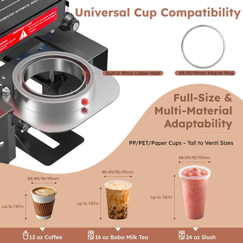 Universal cup compatibility of Full Auto Cup Sealing Machine For Bubble Tea Spots 88 89 90 95 Mm Electric Boba Sealer