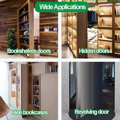 Hidden Door Pivot Hinge Stainless Steel 360 Degree Built Tough Heavy Duty Up To 570 Lbs Load Bearing Black For Secret Doors Or Concealed Bookcase Doors And Installable For Hidden Bookcase Or Secret Wall Doors In Modern Homes shown in various applications