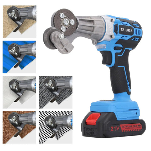 Heavy Duty Cordless Electric Metal Shears With 360 Degree Rotating Head And 2500Mah Battery cutting metal, showing precise cutting ability.