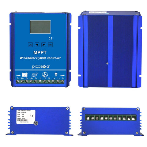 Off Grid Hybrid Wind And Solar Charge Controller 1400W MPPT Auto 12/24V Battery Compatible; front and back view; blue casing
