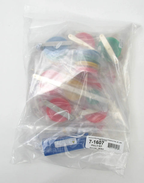 Physics Classroom Pulley Kit With String And Weights And Color Coded Pulleys From Single To Tandem Configurations in packaging.